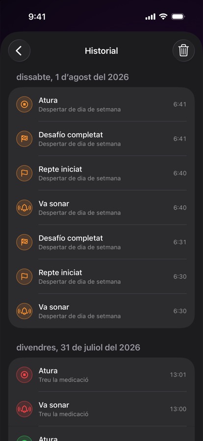 Historial d'alarmes de despertades anteriors