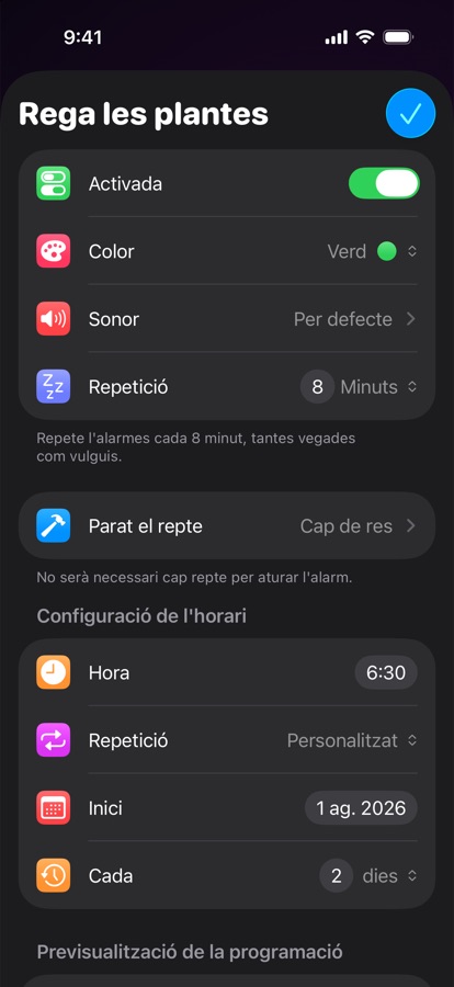 Edició d'una alarma repetida personalitzada