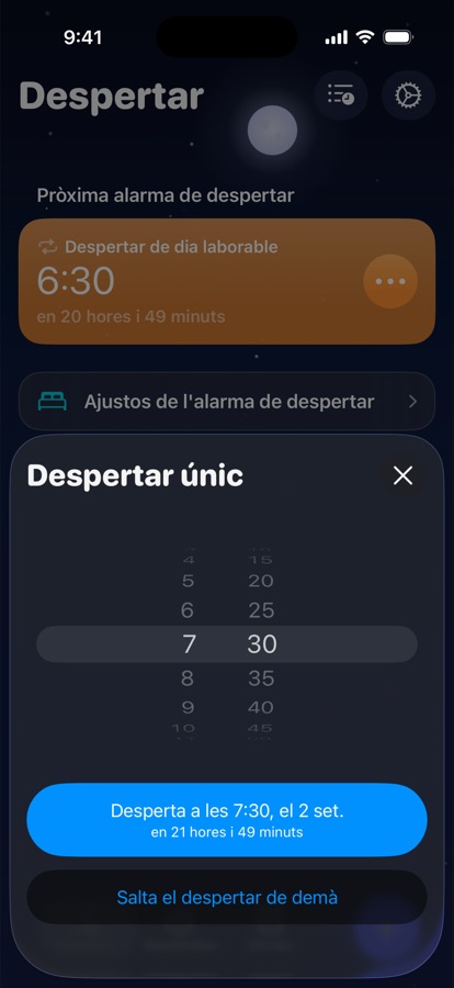 Definir un despertar únic per a demà, o saltar-lo