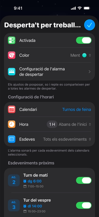 Una alarma per llevar-se basada en el calendari per als torns de feina
