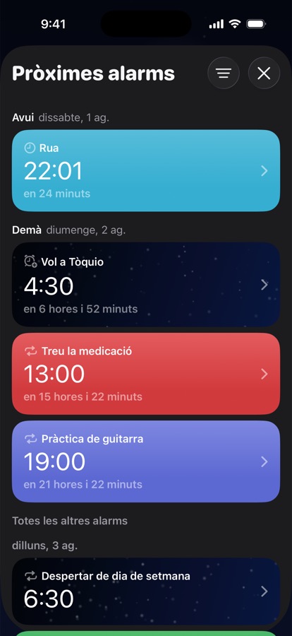 Properes alarmes agrupades per dia