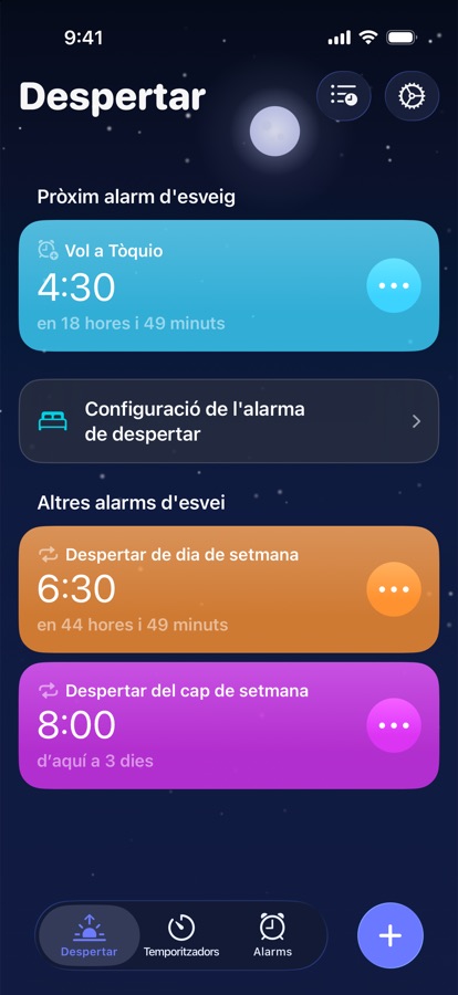 La pestanya Despertar, amb la propera alarma per llevar-se i la resta
