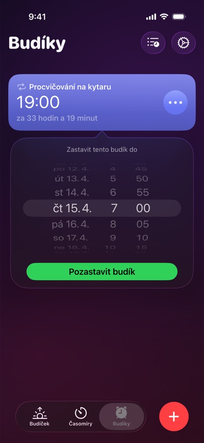 Pozastavení budíku do zvoleného data a času