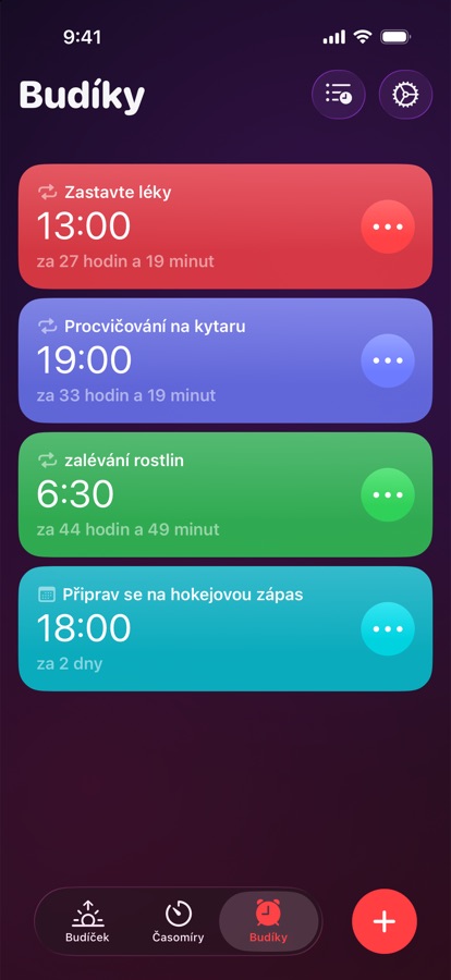 Karta Budíky, seznam opakovaných a jednorázových budíků