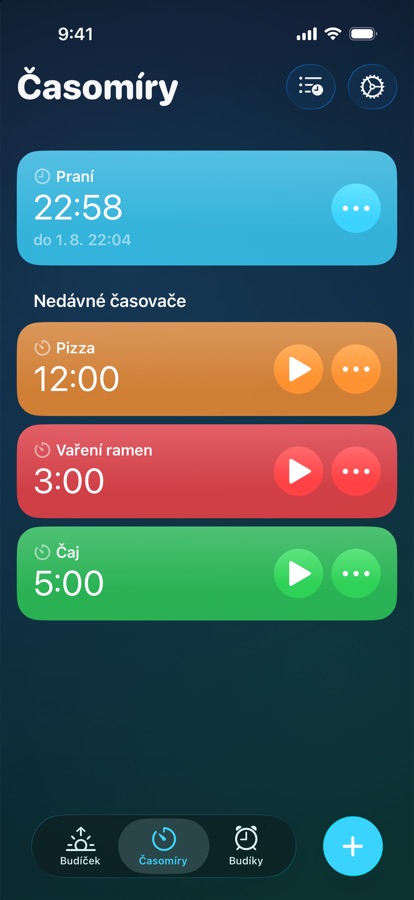 Karta Časovače s běžícím časovačem a nedávnými časovači