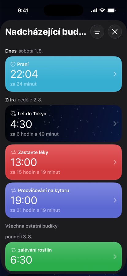 Nadcházející budíky seskupené po dnech
