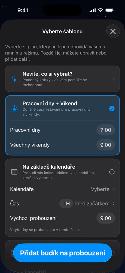 Výběr šablony rozvrhu vstávání
