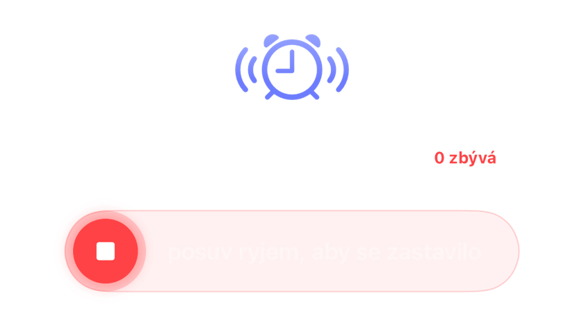 Zvonící budík bez zbývajících odkladů se zobrazeným posuvníkem pro vypnutí