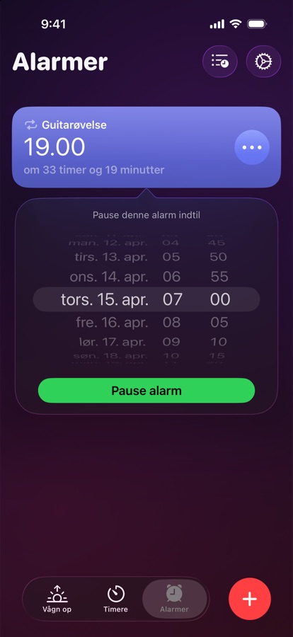 At sætte en alarm på pause indtil en valgt dato og et valgt tidspunkt