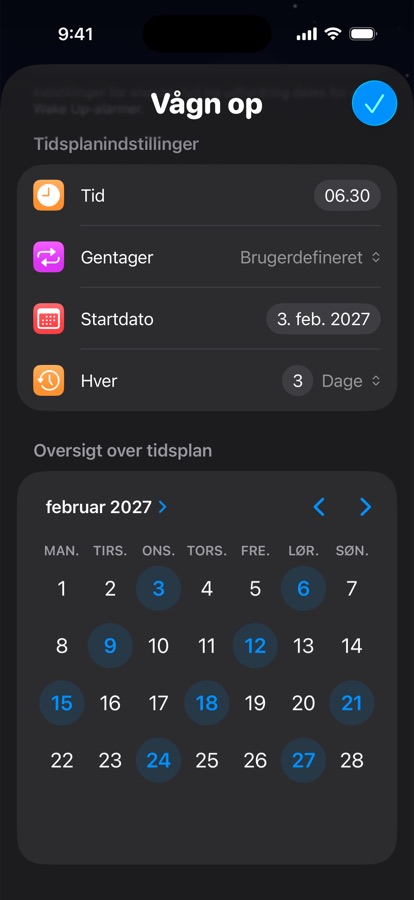 En egen vækkeplan, der gentages hver tredje dag, med kalendereksempel