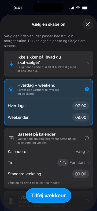 Valg af en skabelon til vækkeplanen