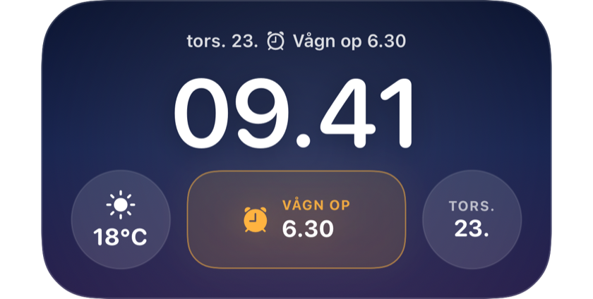 En låst skærm, der viser den næste opvågning kl. 6.30 i en widget