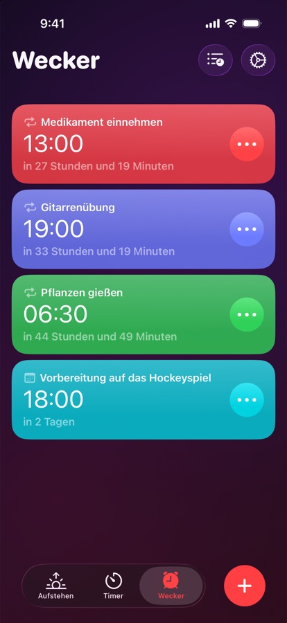 Der Wecker-Tab, eine Liste wiederkehrender und einmaliger Wecker