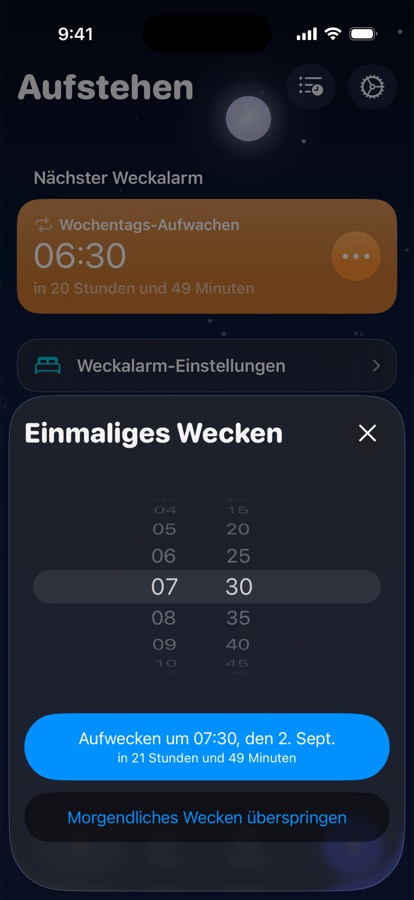 Ein einmaliges Wecken für morgen einstellen oder es überspringen