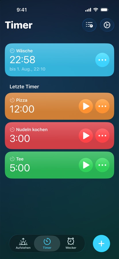 Der Timer-Tab mit einem laufenden Timer und den letzten Timern