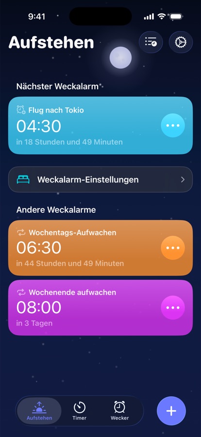 Der Aufstehen-Tab mit dem nächsten Weckalarm und weiteren Weckalarmen