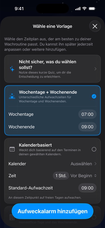 Auswahl einer Vorlage für den Weckplan