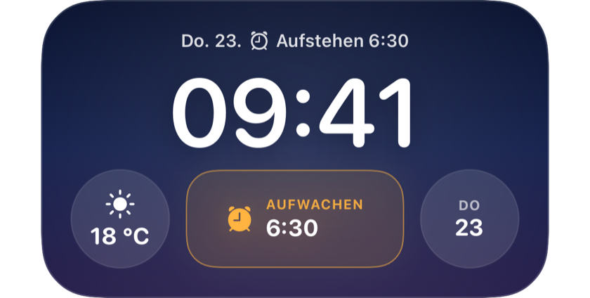Ein Sperrbildschirm, der den nächsten Weckruf um 6:30 Uhr in einem Widget zeigt