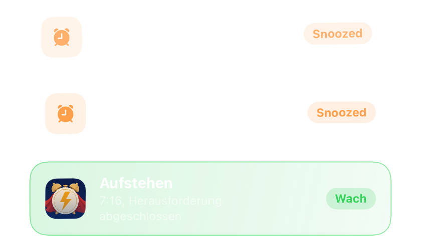 Zwei geschlummerte Wecker übereinander, dann einer, der nach einer Aufgabe endgültig aus ist