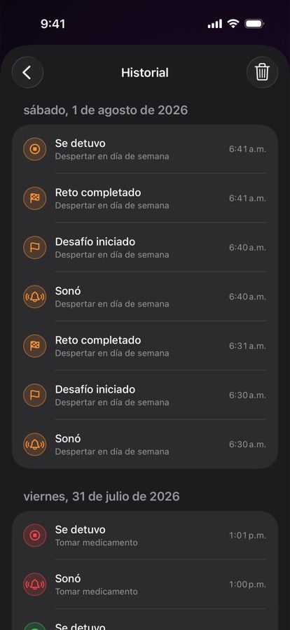 Historial de alarmas de despertares anteriores