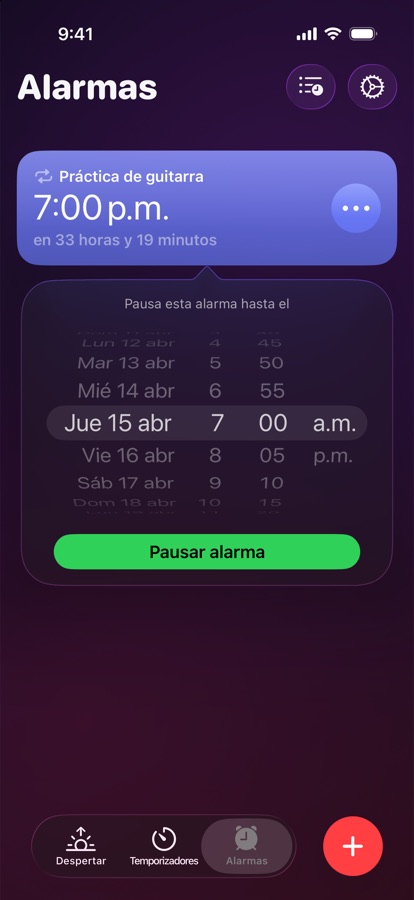 Pausando una alarma hasta una fecha y hora elegidas