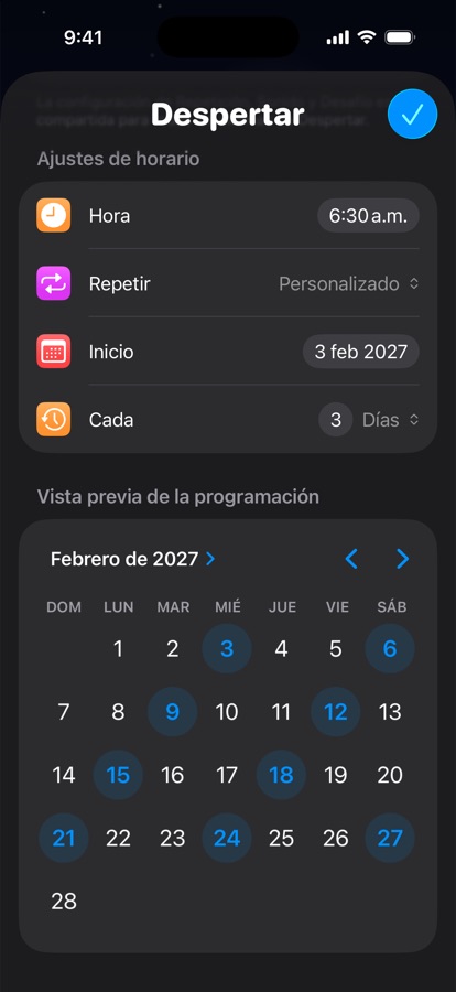 Un horario para despertar propio que se repite cada tres días, con vista previa del calendario