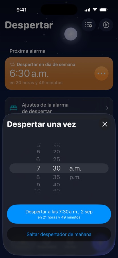 Ajustando un despertador de una sola vez para mañana, u omitiéndolo