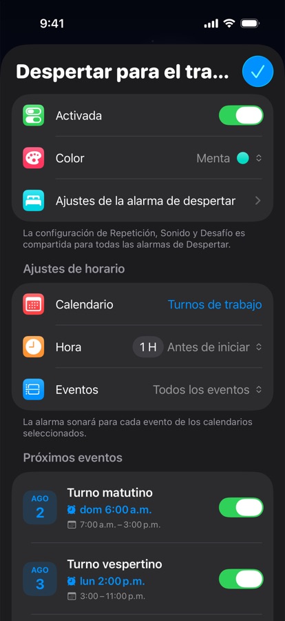 Un despertador basado en el calendario para turnos de trabajo
