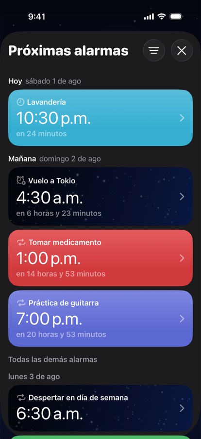 Próximas alarmas agrupadas por día