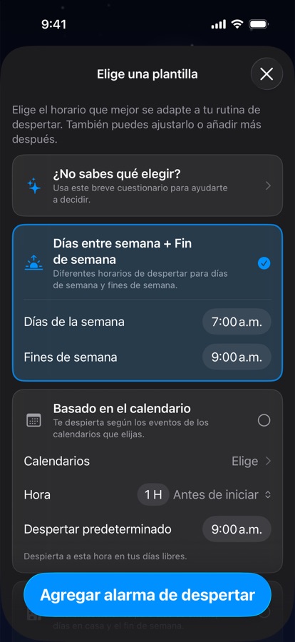 Eligiendo una plantilla de horario para despertar
