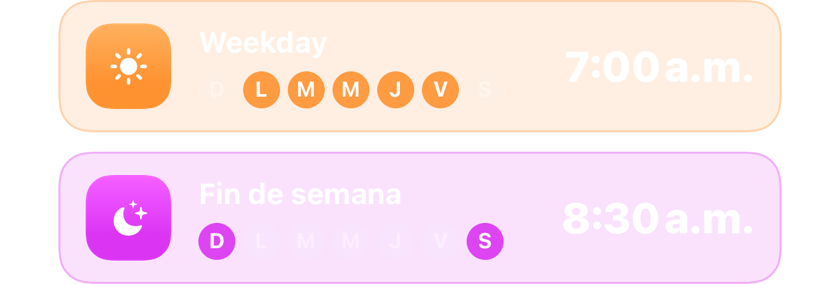 Una alarma entre semana a las 7:00 y otra de fin de semana a las 8:30, cada una en sus días