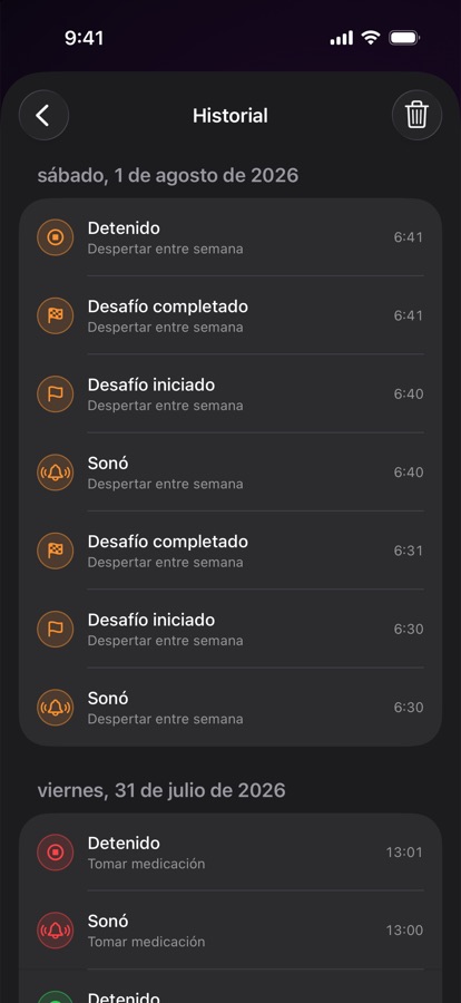 Historial de alarmas de despertares anteriores