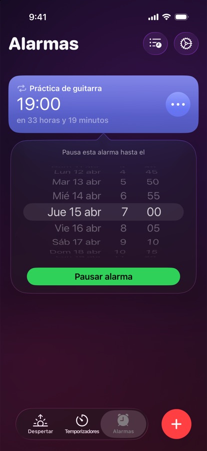Pausando una alarma hasta una fecha y hora elegidas
