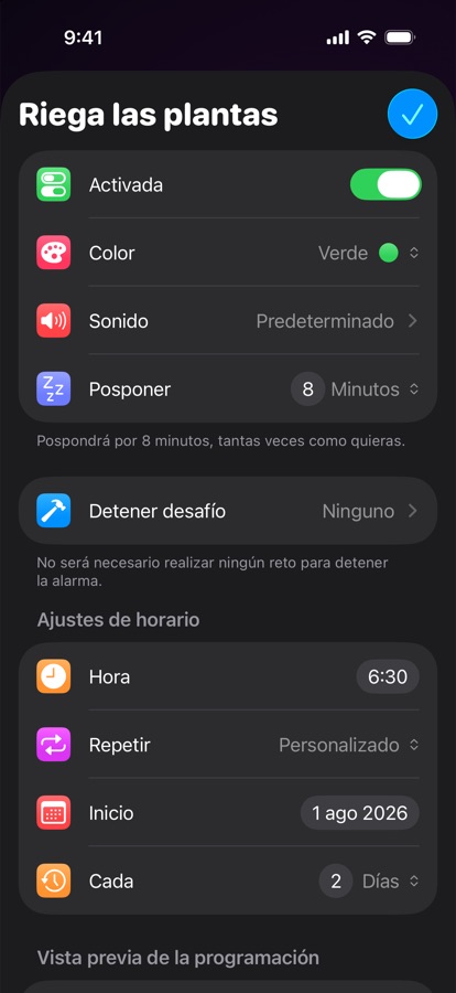 Editando una alarma repetida personalizada