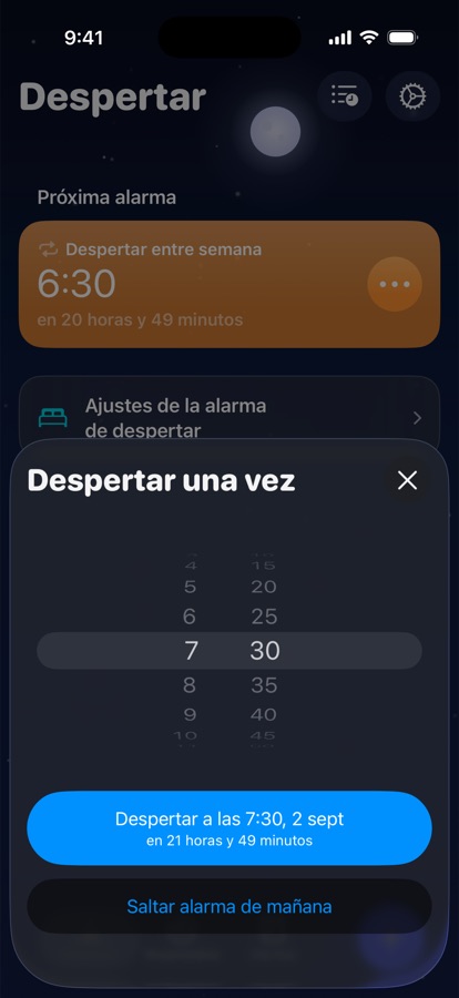 Ajustando un despertar de una sola vez para mañana, u omitiéndolo