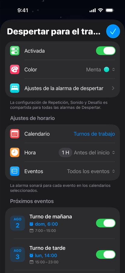 Una alarma de despertar basada en el calendario para turnos de trabajo
