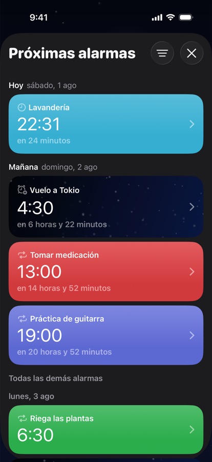 Próximas alarmas agrupadas por día
