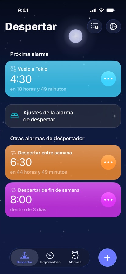 La pestaña Despertar, con la próxima alarma de despertar y las demás