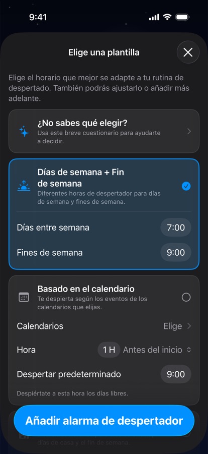 Eligiendo una plantilla de horario de despertar