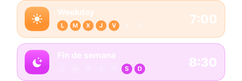 Una alarma entre semana a las 7:00 y otra de fin de semana a las 8:30, cada una en sus días