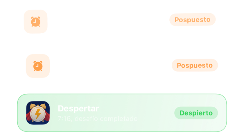 Dos alarmas pospuestas apiladas y luego una apagada del todo tras superar un reto