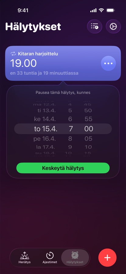 Herätyksen keskeyttäminen valittuun päivään ja kellonaikaan asti
