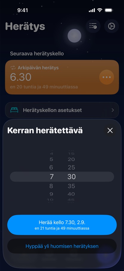 Kertaluonteisen herätyksen asettaminen huomiselle tai sen ohittaminen
