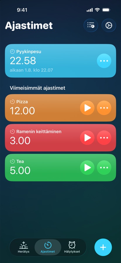 Ajastimet-välilehti, jossa on käynnissä oleva ajastin ja viimeisimmät ajastimet