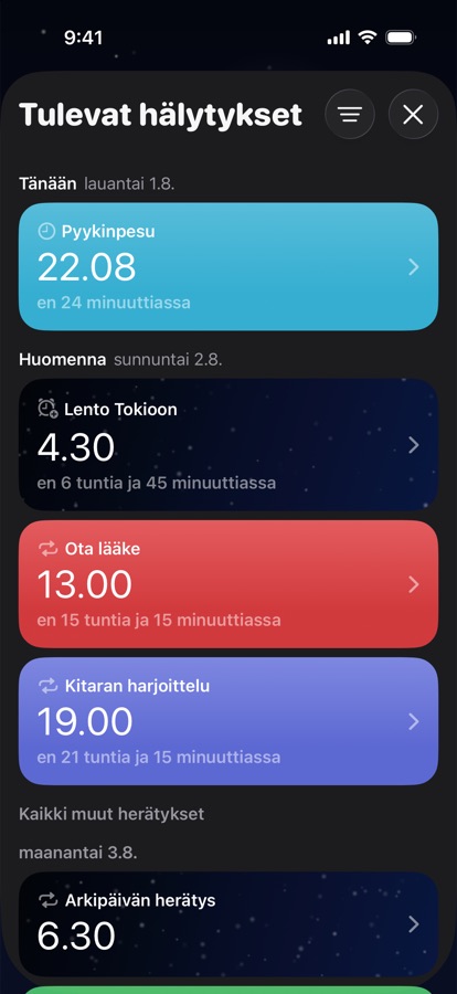 Tulevat herätykset päivittäin ryhmiteltyinä