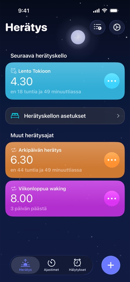 Herätys-välilehti, jossa näkyy seuraava aamuherätys ja muut aamuherätykset