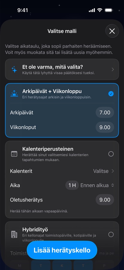 Heräämisaikataulun mallin valinta