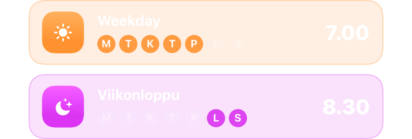 Arkiherätys klo 7.00 ja viikonloppuherätys klo 8.30, kumpikin omina päivinään