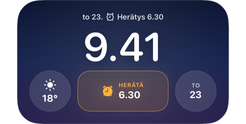 Lukittu näyttö, joka näyttää widgetissä seuraavan heräämisen klo 6.30