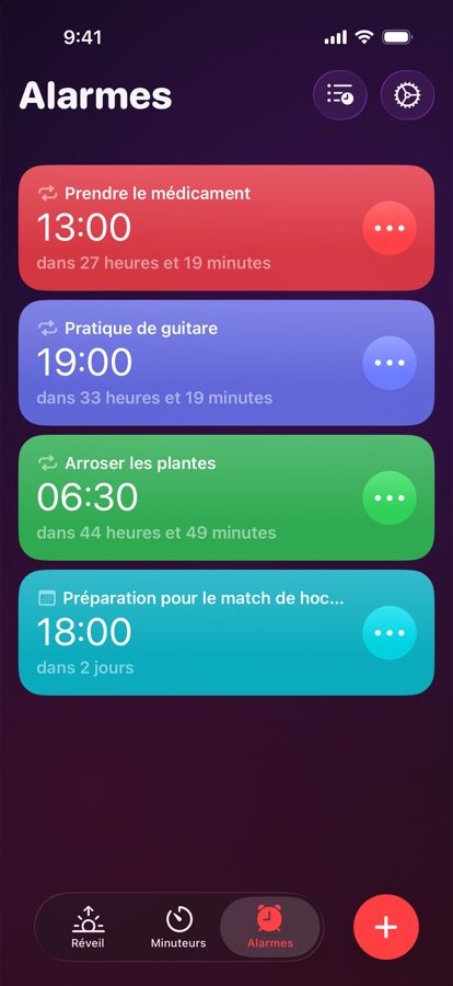 L'onglet Alarmes, une liste d'alarmes récurrentes et ponctuelles